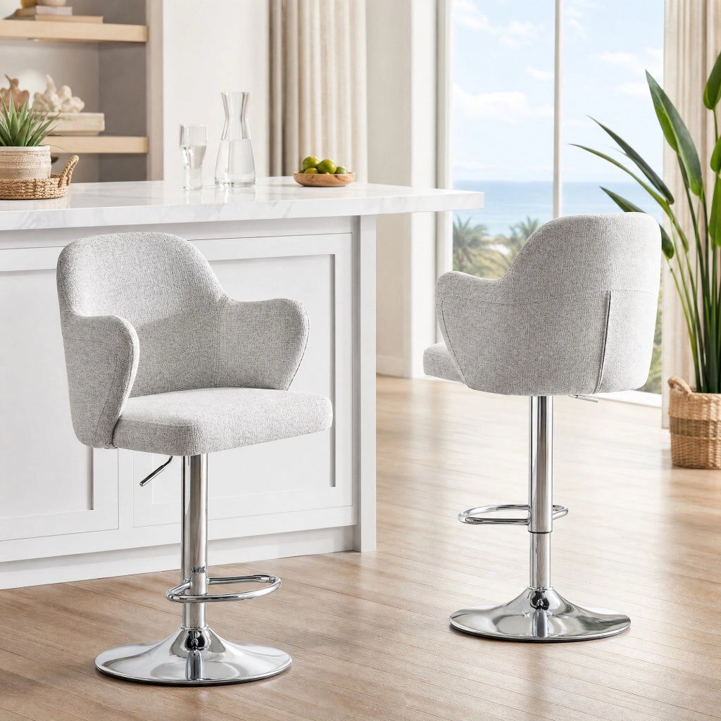 Set di 2 sgabelli bar girevoli con altezza regolabile e braccioli in tessuto grigio chiaro