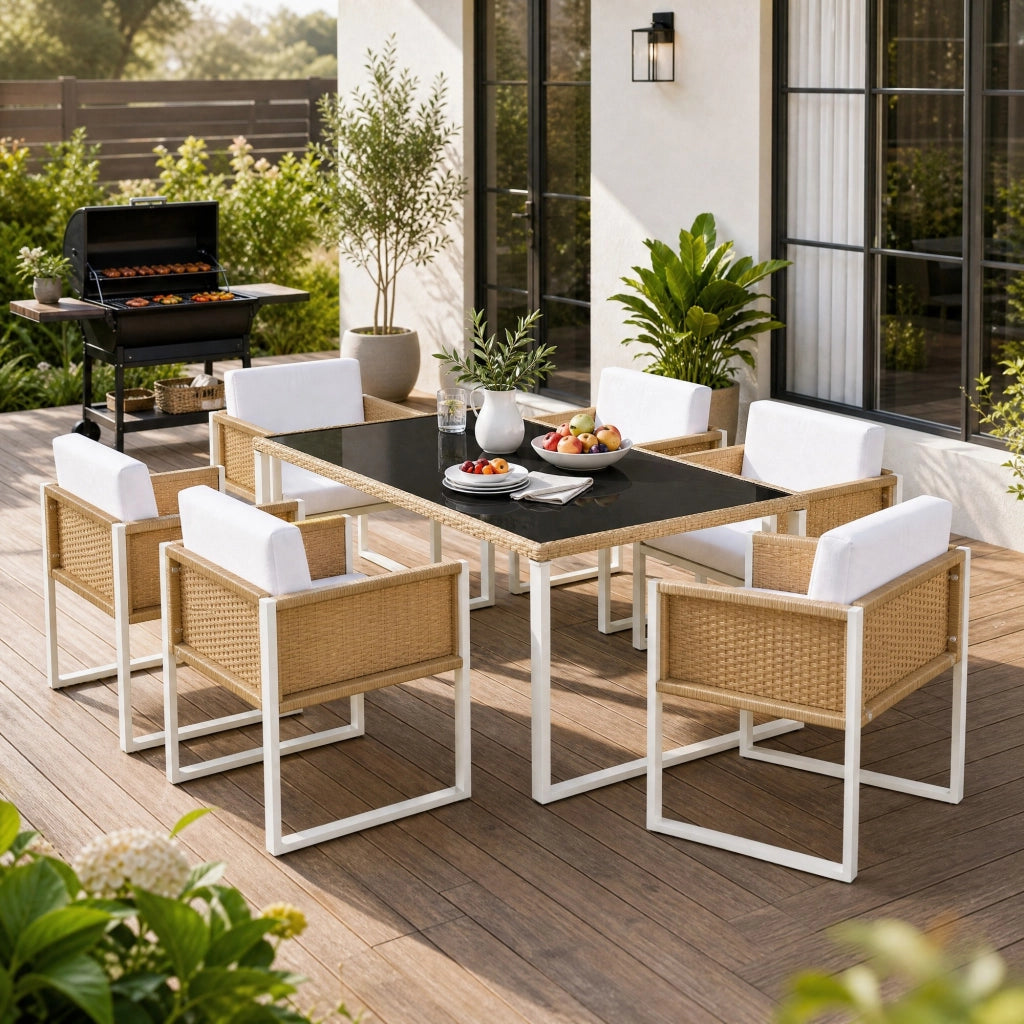 Set da pranzo per esterni con tavolo in vetro temperato e 6 sedie in rattan marrone e bianco