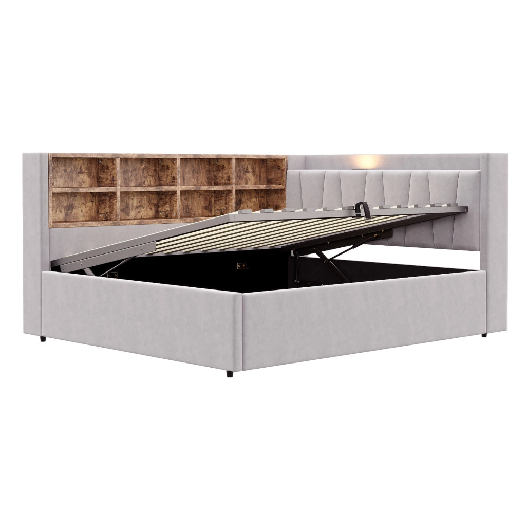 Letto imbottito ULEVR 140x200 cm con contenitore idraulico, luce notturna, USB e Type-C, velluto grigio chiaro