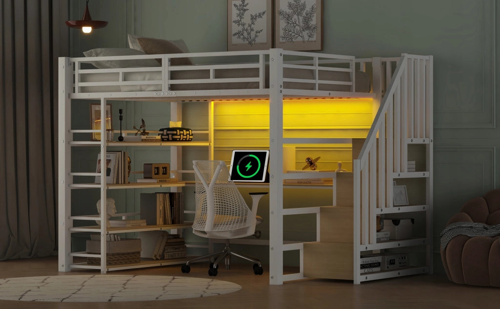 Letto a soppalco con scrivania - Xylo - 140x200 - Bianco - LED, USB, scale