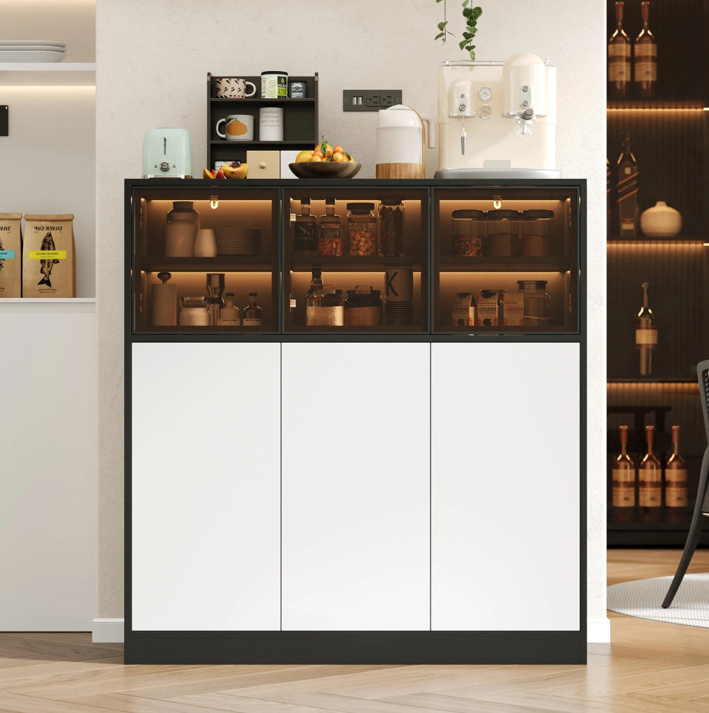 Mobile contenitore nero e bianco con 6 ante, 14 vani e illuminazione LED