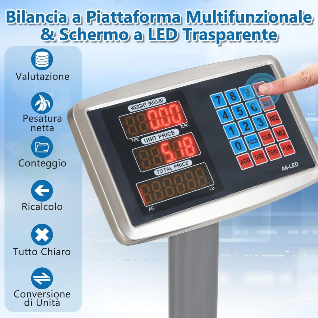 Bilancia Digitale a Piattaforma 300 kg, Bilancia a Pavimento con Calcolatrice Integrata, Conversione Unità LB/KG, per Negozio Azienda Fabbrica (Argento)