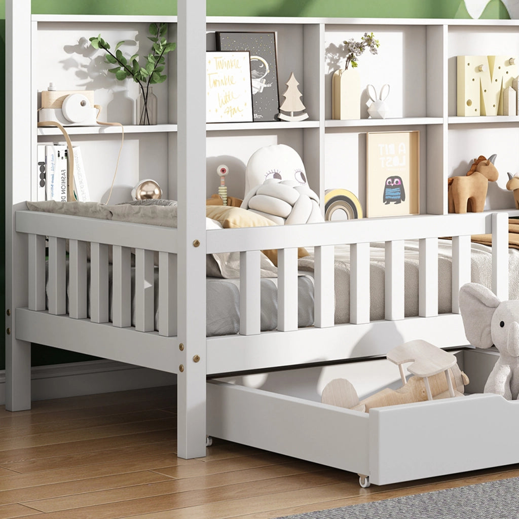Letto a casa per bambini bianco con funzione di stoccaggio in legno massello di pino 90x200 cm
