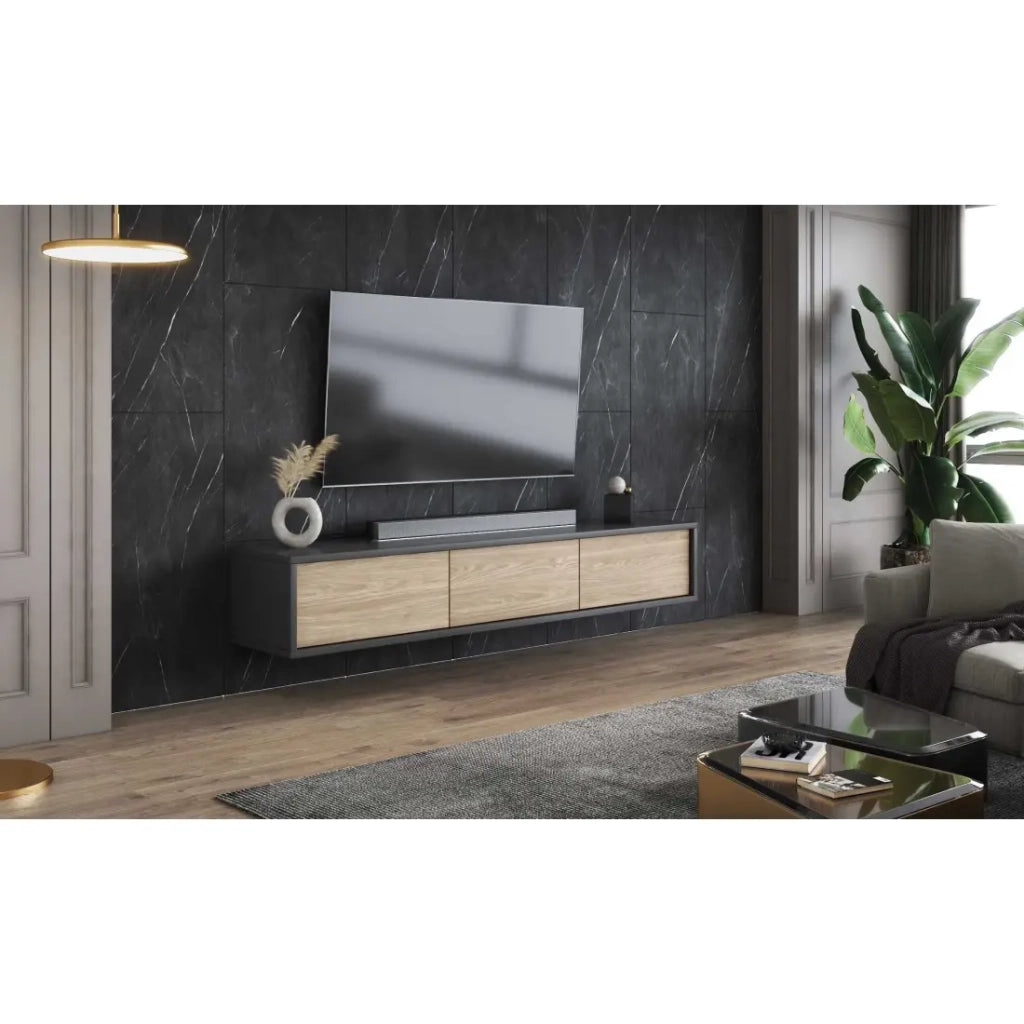 Mobile porta TV 180cm collezione MAANUM. Colore grigio e rovere chiaro.