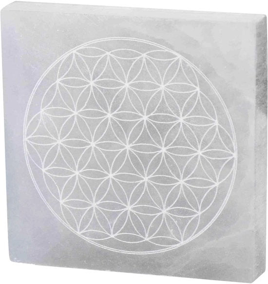 Piastra di carica quadrata - Selenite - Fiore di vita - Purificazione energetica - Carica di cristalli - Fatto a mano 10 x 11 cm - Piastra di energia