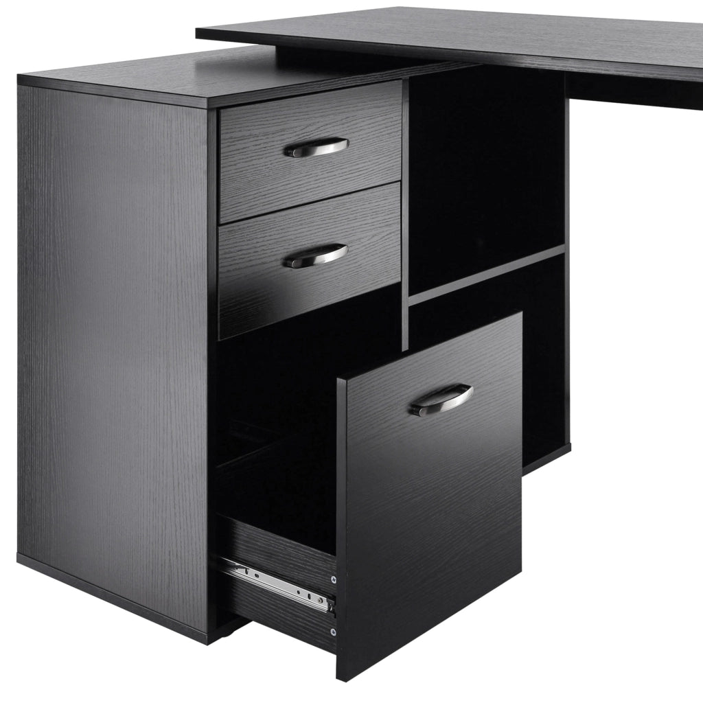Scrivania Angolare per PC con 2 Cassetti e Ripiani Aperti ¨C Zephmum ¨C Legno e Metallo, Nero, 117x83.5x76 cm