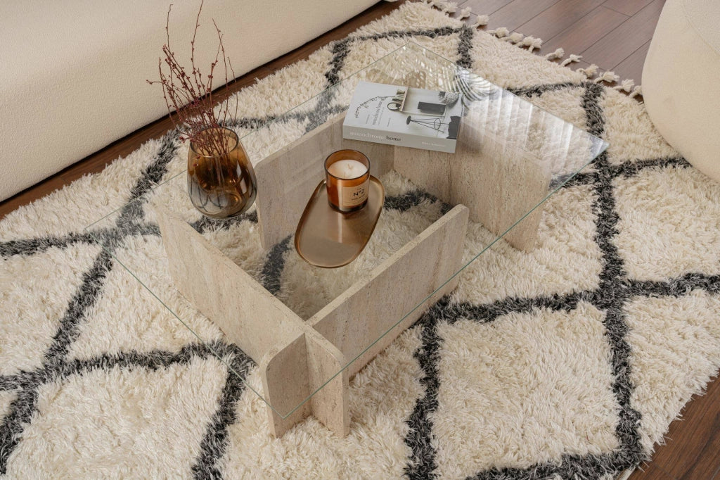 Rhysand, Tavolino da Salotto Portariviste, 105x65x30h cm Beige Marmo