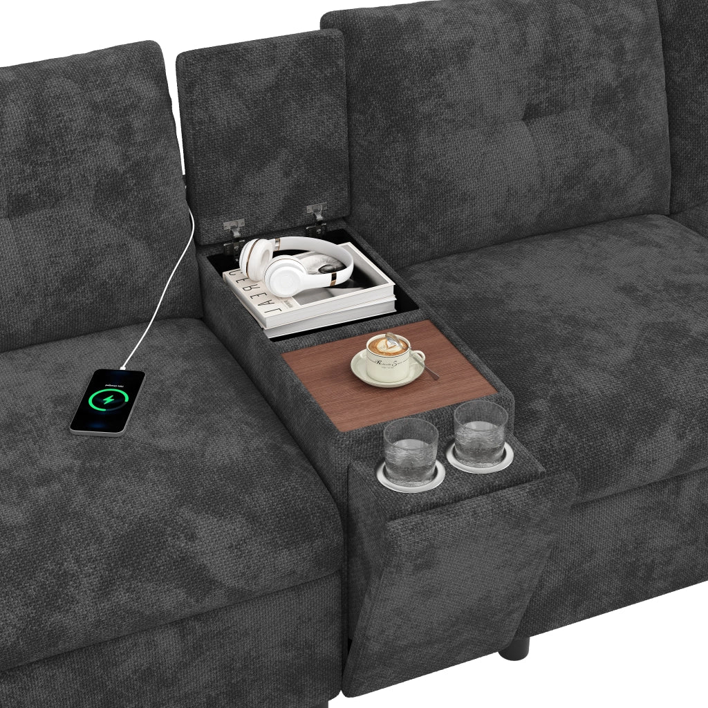Divano angolare modulare 6 posti con console centrale, porte USB e Type-C, contenitori in chenille grigio