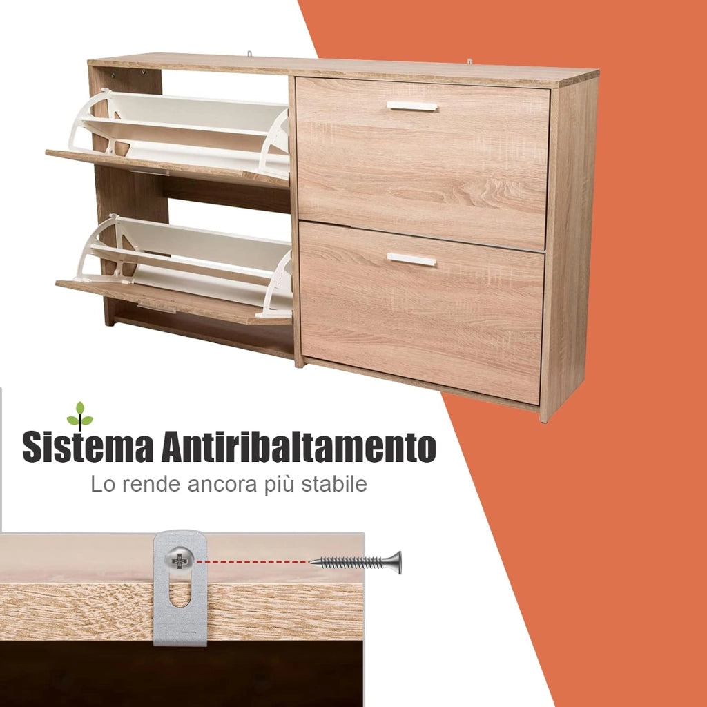 Portascarpe Scarpiera Salvaspazio da Ingresso, Organizer Scarpe con 4 Scomparse, in Legno (quercia)