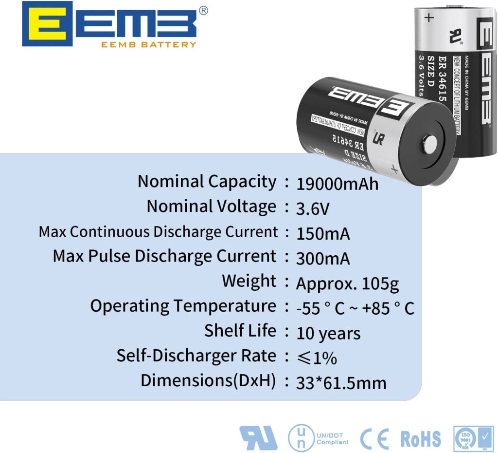 EEMB Batteria al litio ad alta capacità Li-SOCl2 torcia D ER34615 3,6V 19Ah