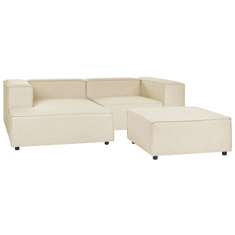 Divano ad angolo 2 posti in lino beige nero con poggiapiedi destro modulare stile moderno contemporaneo