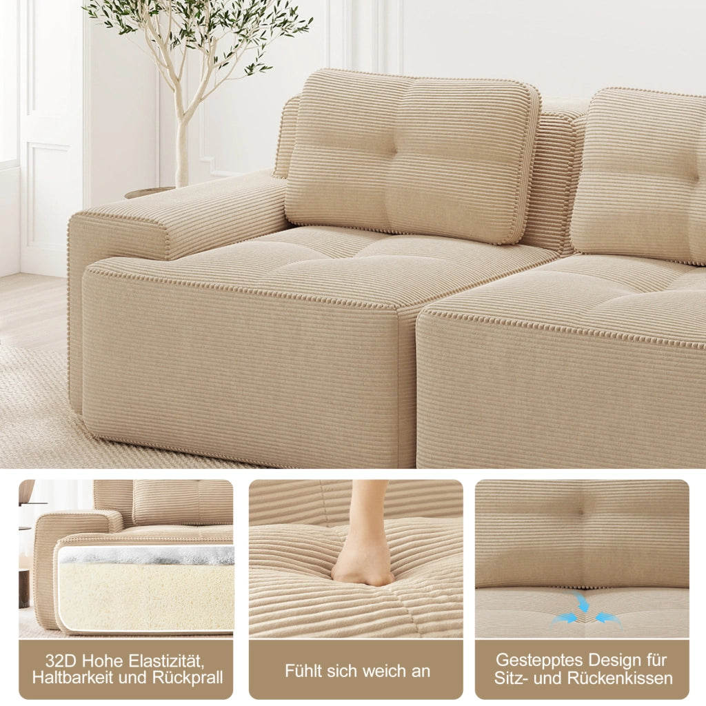 Divano modulare boneless in corduroy beige; seduta profonda 74 cm