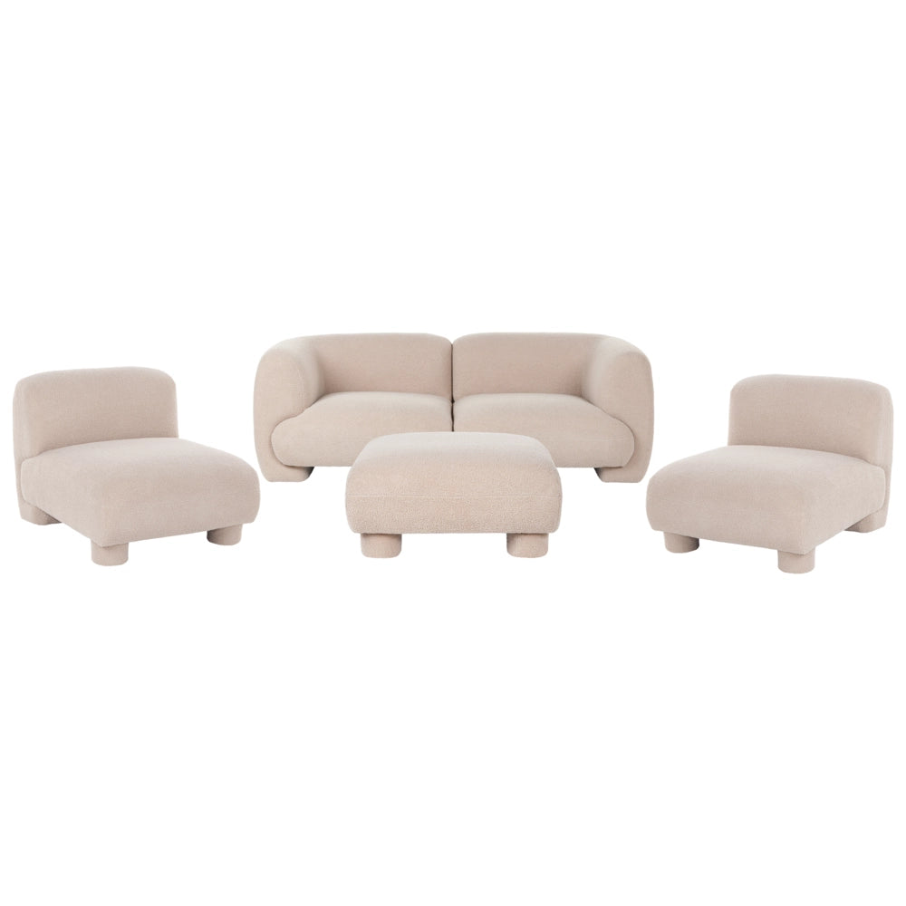 Set da salotto 4 posti con pouf, modulare dal profilo ribassato in stile organico e curvo beige