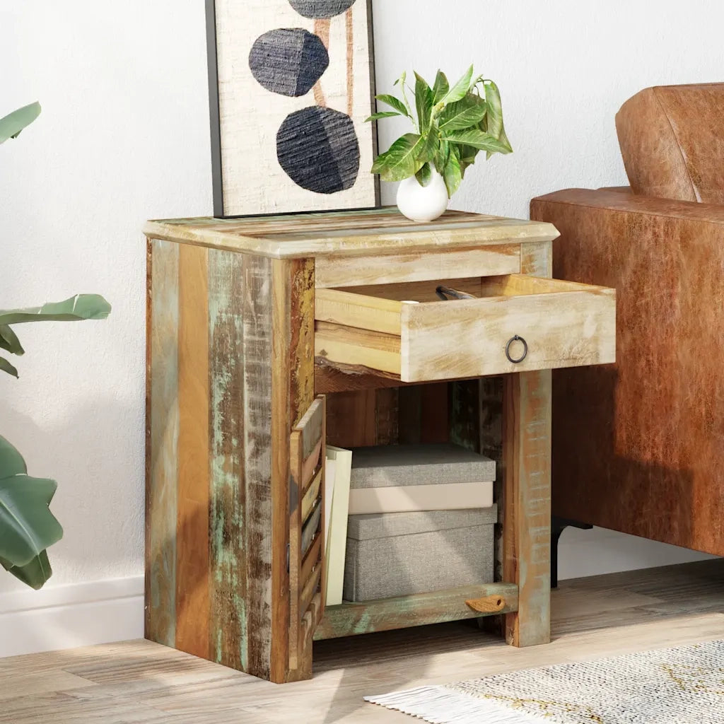 Tavolino Laterale con 1 Cassetto e 1 Anta in Legno di Recupero CFW1721472