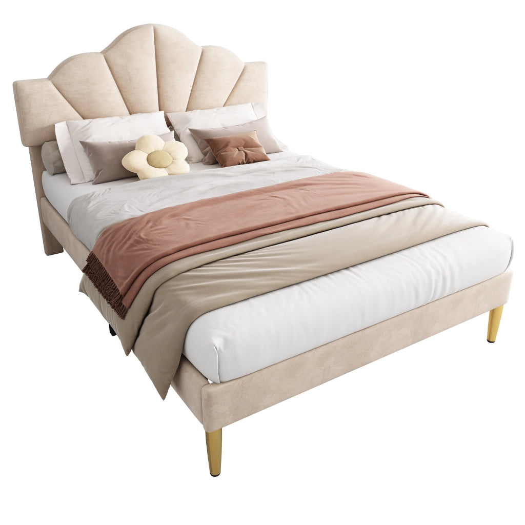Letto matrimoniale imbottito in velluto beige 140x190 cm con testiera regolabile e rete a doghe