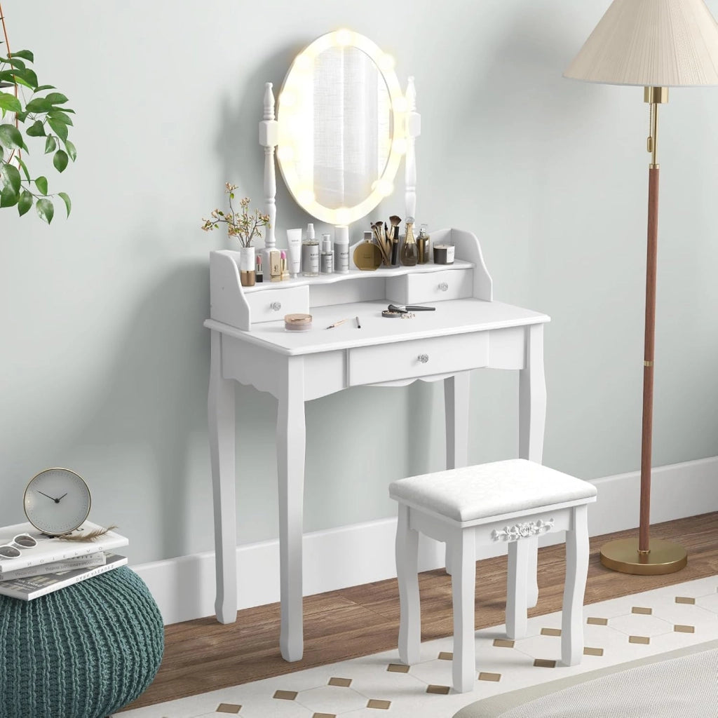 Scrivania da Toilette con Sgabello, Tavolo Vanity con Cassetti, 3 Modalità di Illuminazione, Luminosità Regolabile, Specchio Rotante a 360° Set di Tavolo per Trucco per Camera da Letto