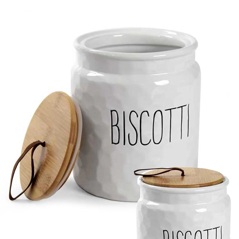 PORTA BISCOTTI MODELLO ONDULATO BIANCO CON TAPPO IN LEGNO 15 X 18 CM