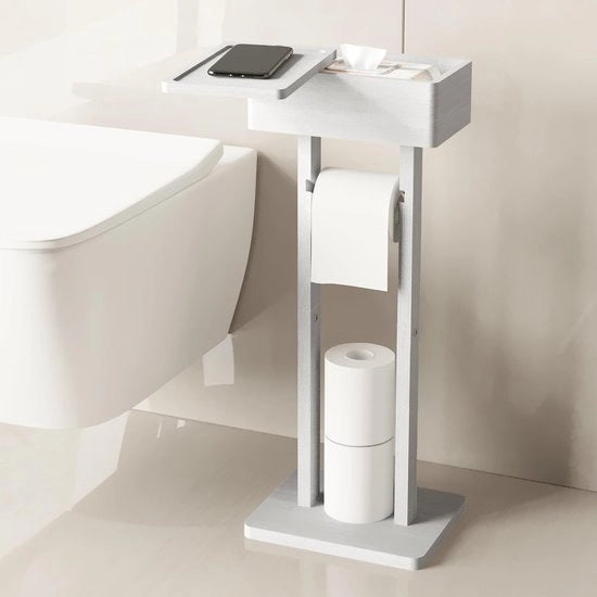 4-in-1 toilette con contenitore per i rulli in legno di bambù, contenitore per i rulli con cassetta per le salviette umide, tavolo da bagno temporaneo, contenitore per i rulli a parete con piastra superiore.