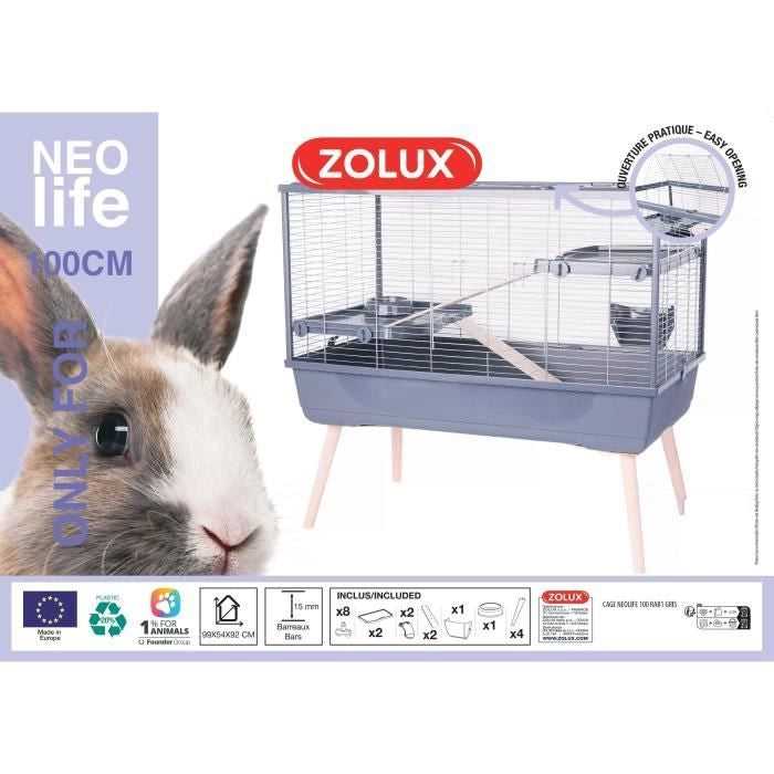 Gabbia rialzata per roditori - Zolux - Néolife - 2 livelli per conigli - 99 x 54 x 92 cm - Grigio