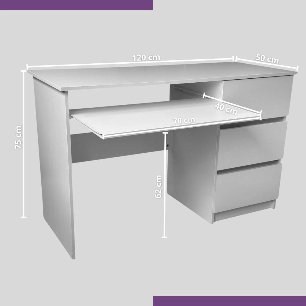 Scrivania in Legno Bianca 120x50x75H cm con 3 Cassetti + Ripiano estraibile