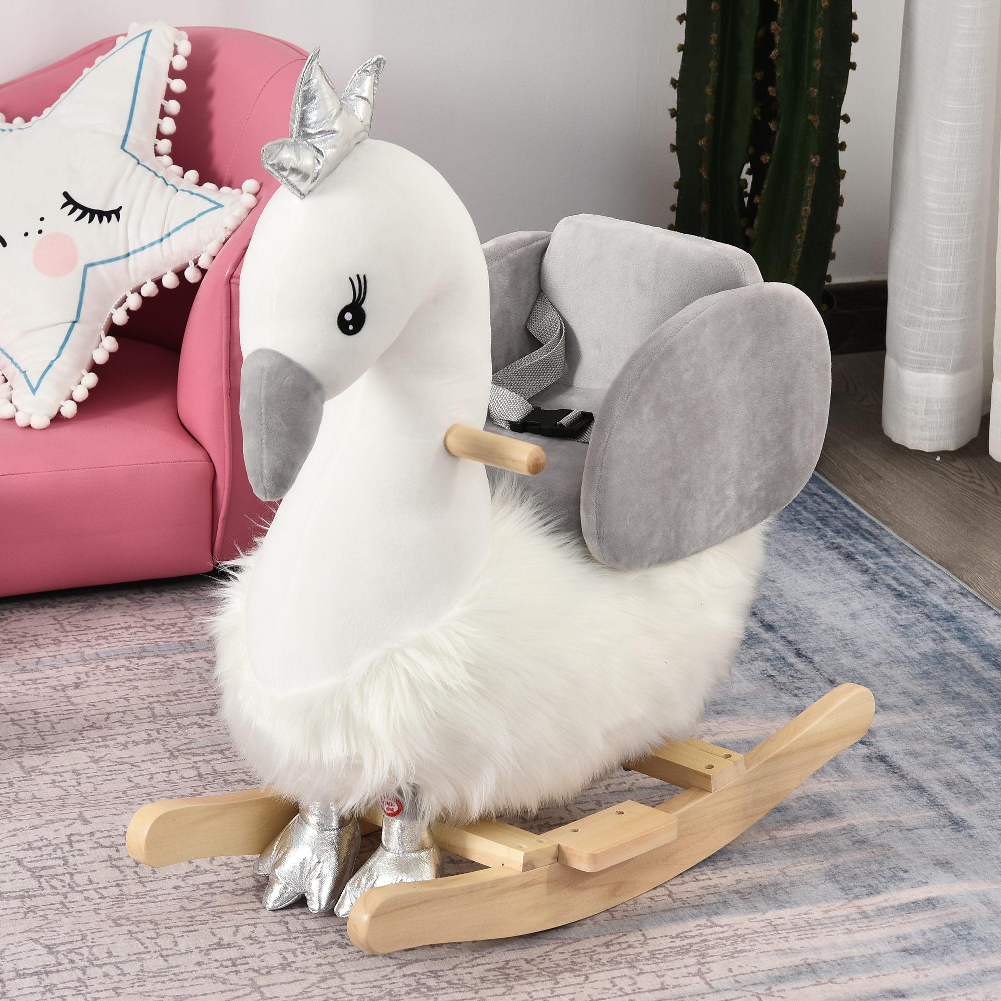 Dondolo per Bambini in Legno Cigno in Peluche   Bianco e Grigio