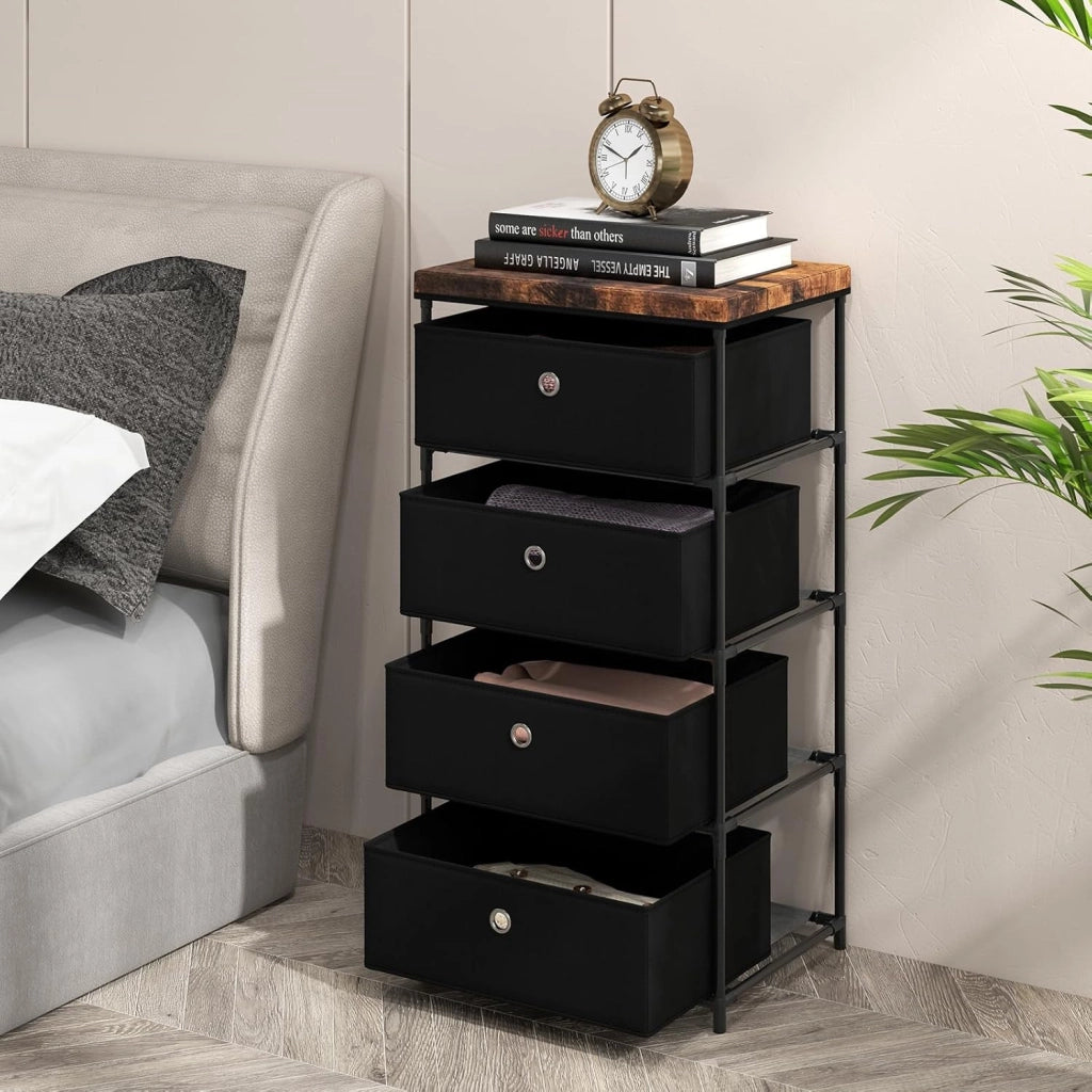 Cassettiera in Tessuto, Mobile con 4 Cassetti e Struttura Robusta in Metallo, Mobiletto Salvaspazio per Camera da Letto, Corridoio, Ingresso e Armadio, 42 x 33,5 x 84,5 cm (Nero)
