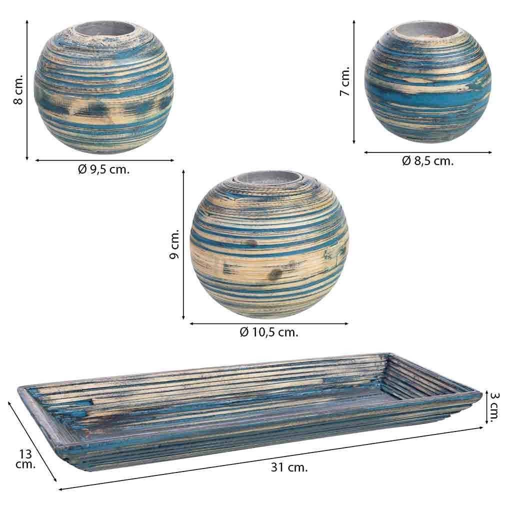 Set vassoio e 3 portacandele in legno di bambù blu 33x13x3h cm