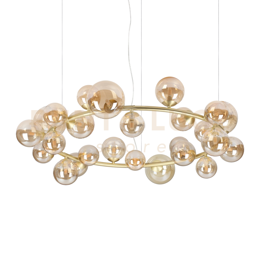 PERLAGE LAMPADARIO A SOSPENSIONE 25 LUCI ATTACCO G9 LAMPADINE INCLUSE IN VETRO AMBRA TONDO