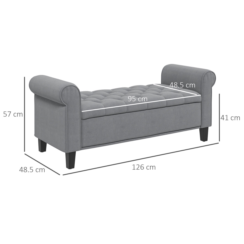Panca contenitore con seduta imbottita in tessuto effetto velluto e dettagli trapuntati grigia 126 × 48,5 × 57 cm