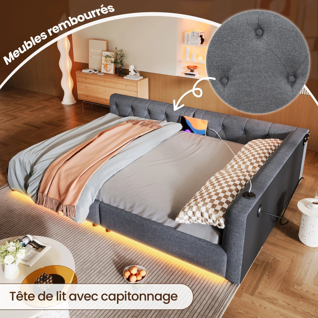 Letto imbottito matrimoniale 140×200 cm con USB; Type-C; LED; testiera; senza materasso; grigio