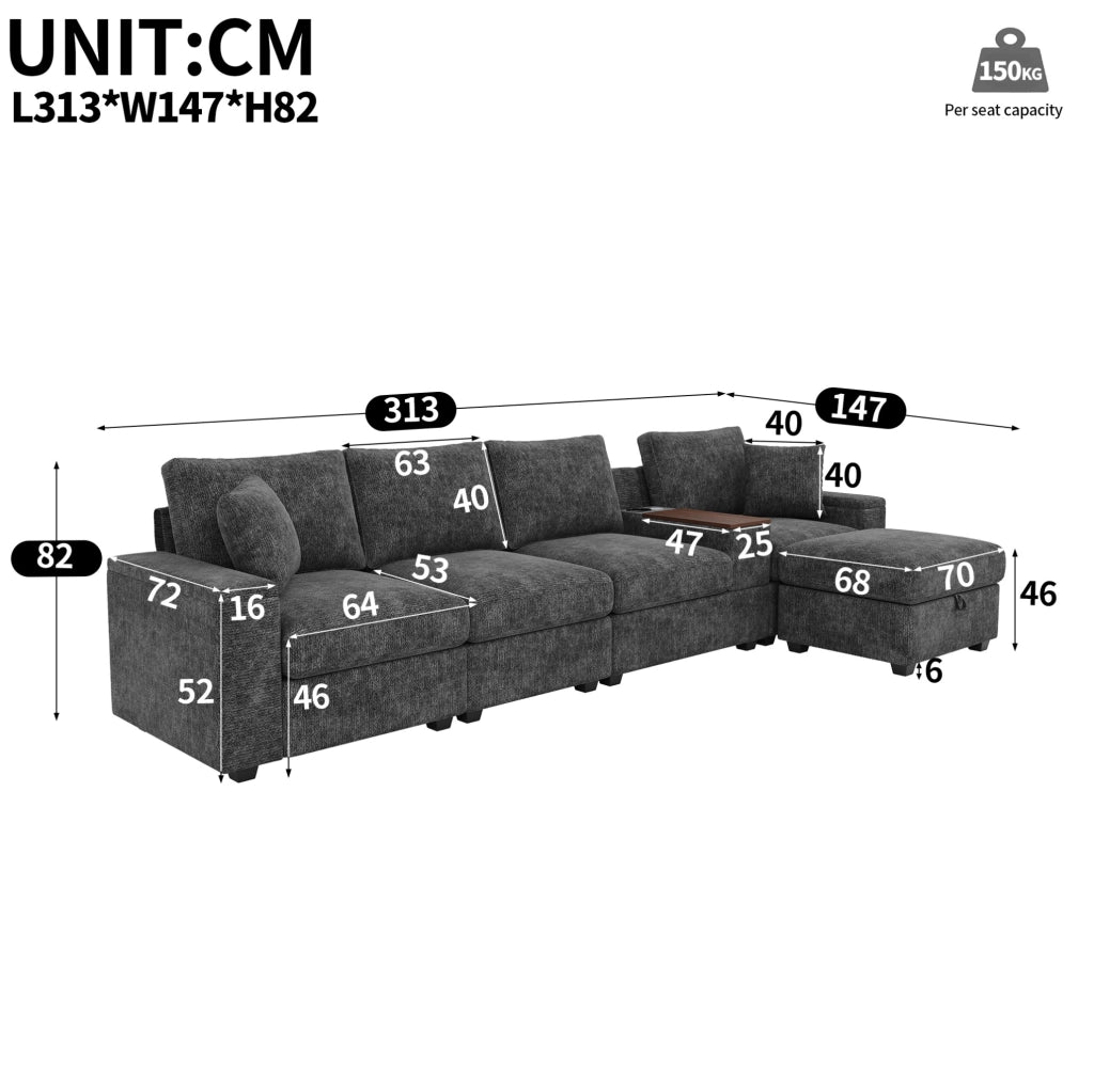 Sofa modulare 5-6 posti con pouf; USB/Type-C; portabicchieri e tavolino girevole 313x147x82 cm; grigio