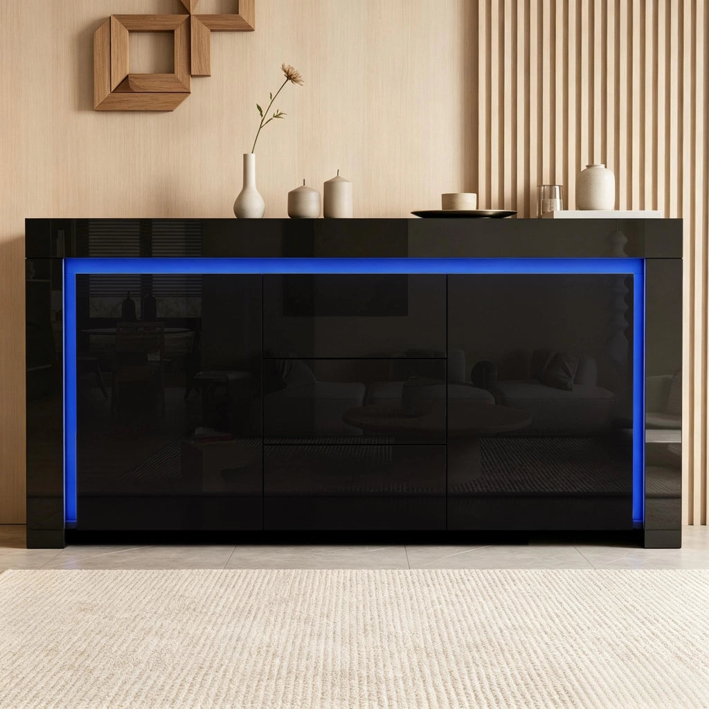 Credenza con 2 ante e 3 cassetti con LED e ripiani regolabili per soggiorno; in MDF; nero; 140×40×65 cm