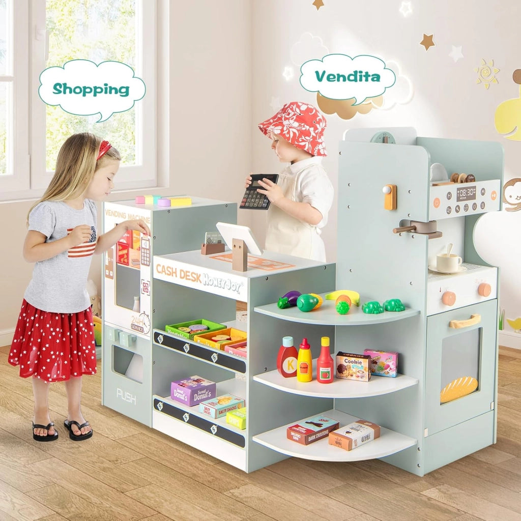 Mercato Giocattolo per Bambini con Cassa, Negozio Giocattolo in Legno con Macchina Caffè e Distributore Automatico, Banco Mercato Giocattolo con Scaffali e 30 Accessori, per Bambini 3+ Anni
