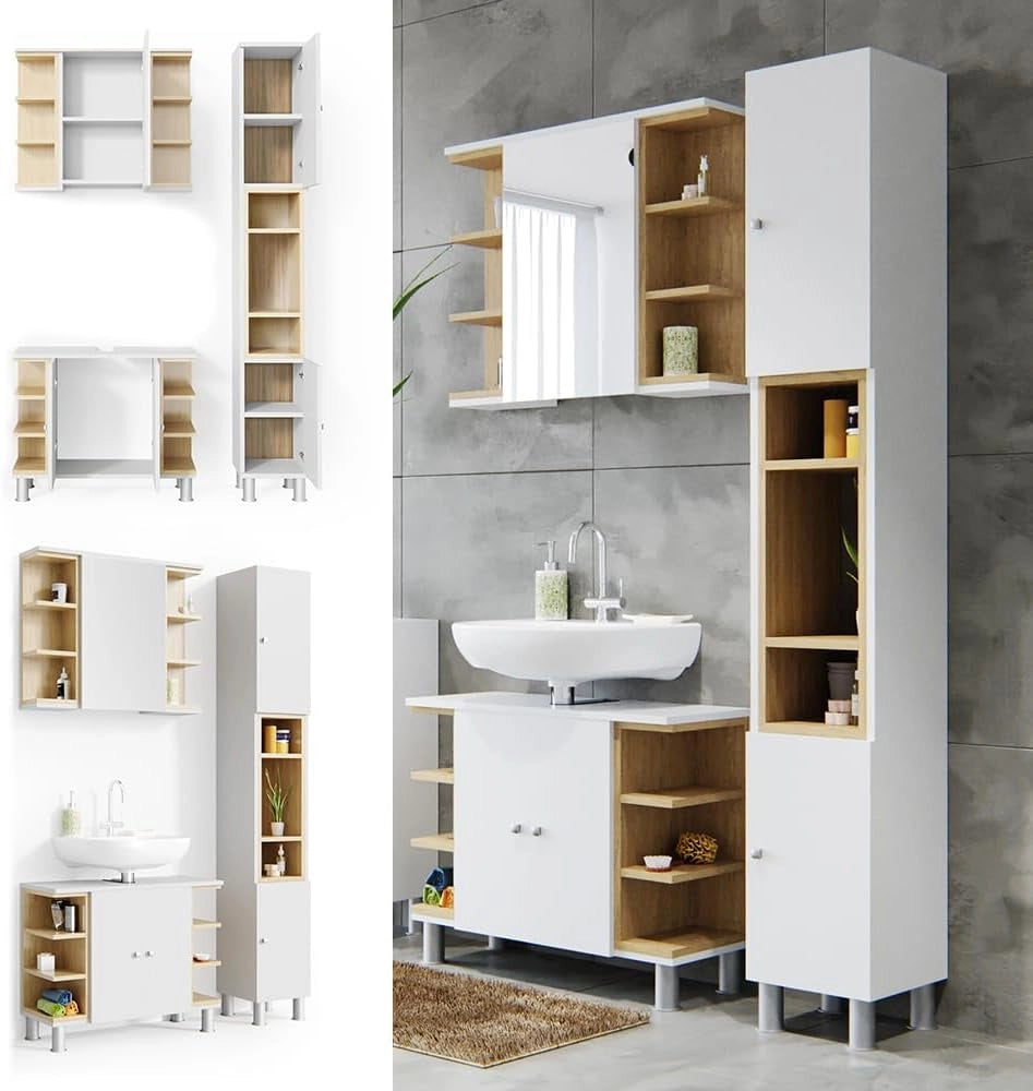 Set mobili bagno Aquis, Bianco, 79.6 cm, composto da mobile sottolavabo, specchiera e colonna alta
