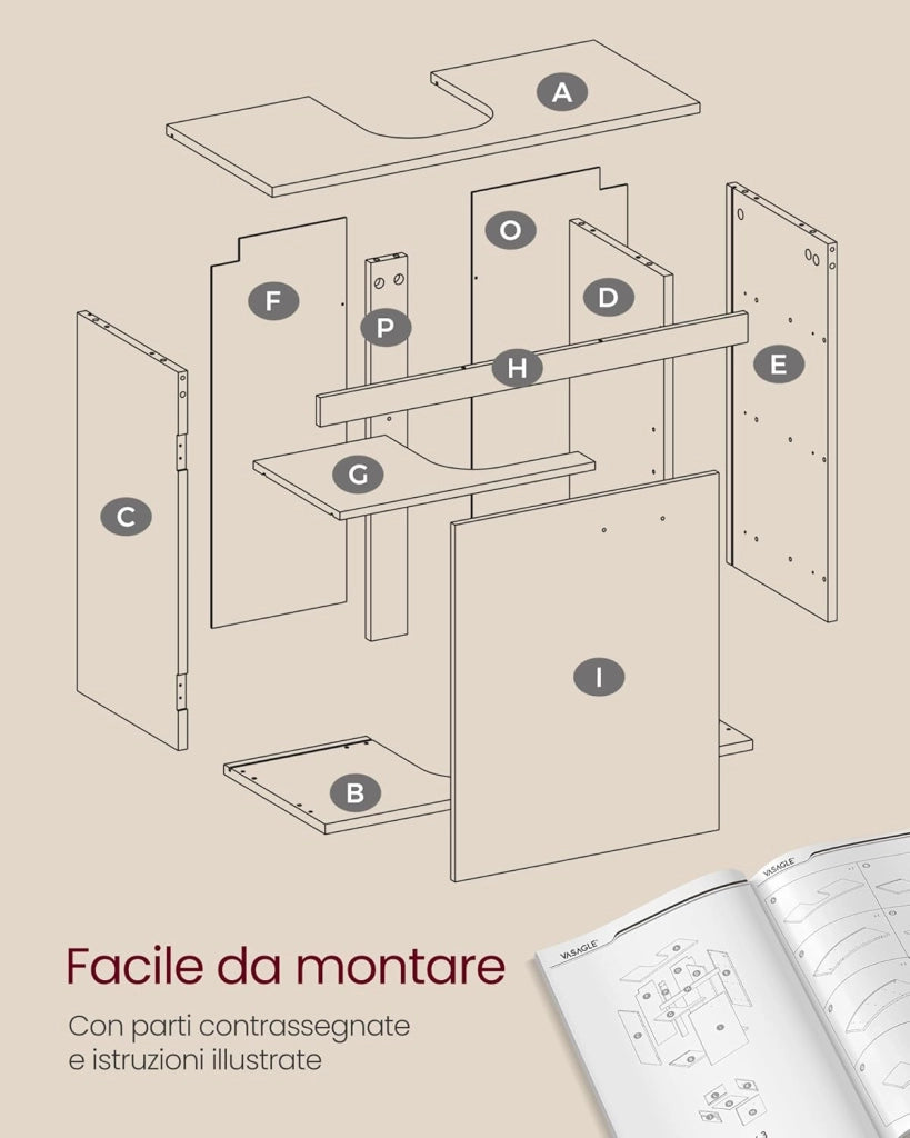 VASAGLE Mobile Sottolavabo per Bagno, Mobiletto da Bagno, 3 Cassetti Laterali, 2 Scomparti dietro l'Anta, per Lavabi con Colonna, con Piedini, 30 x 70 x 64 cm, Bianco Nuvola e Grigio Tortora BBK504W02