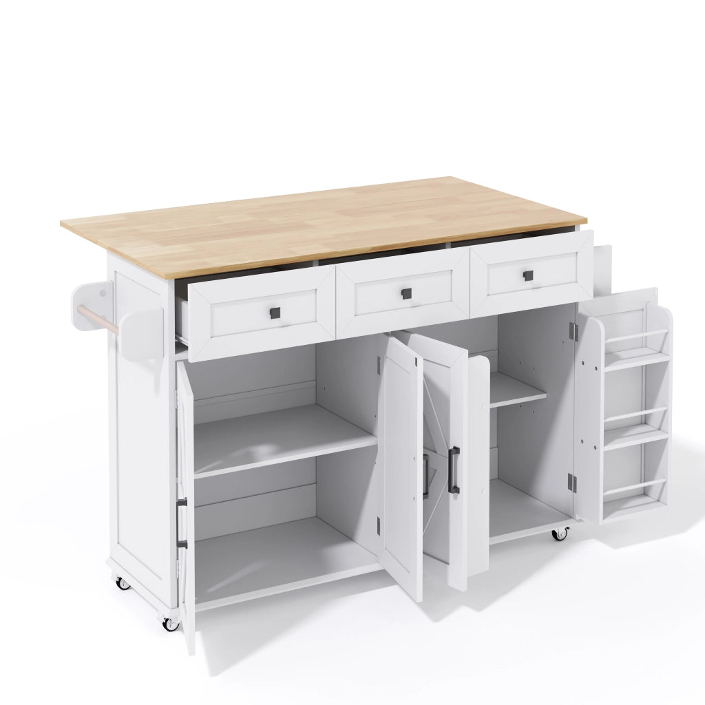 Isola da Cucina Mobile 140x43/70x90;5 cm Bianca con Piano Ribaltabile; 3 Cassetti; 4 Ante e 5 Ruote