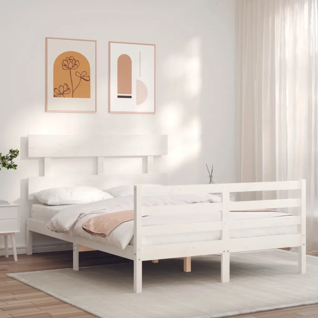 Giroletto con Testiera-Struttura Letto con testiera Bianco Small Double Legno Massello 180245