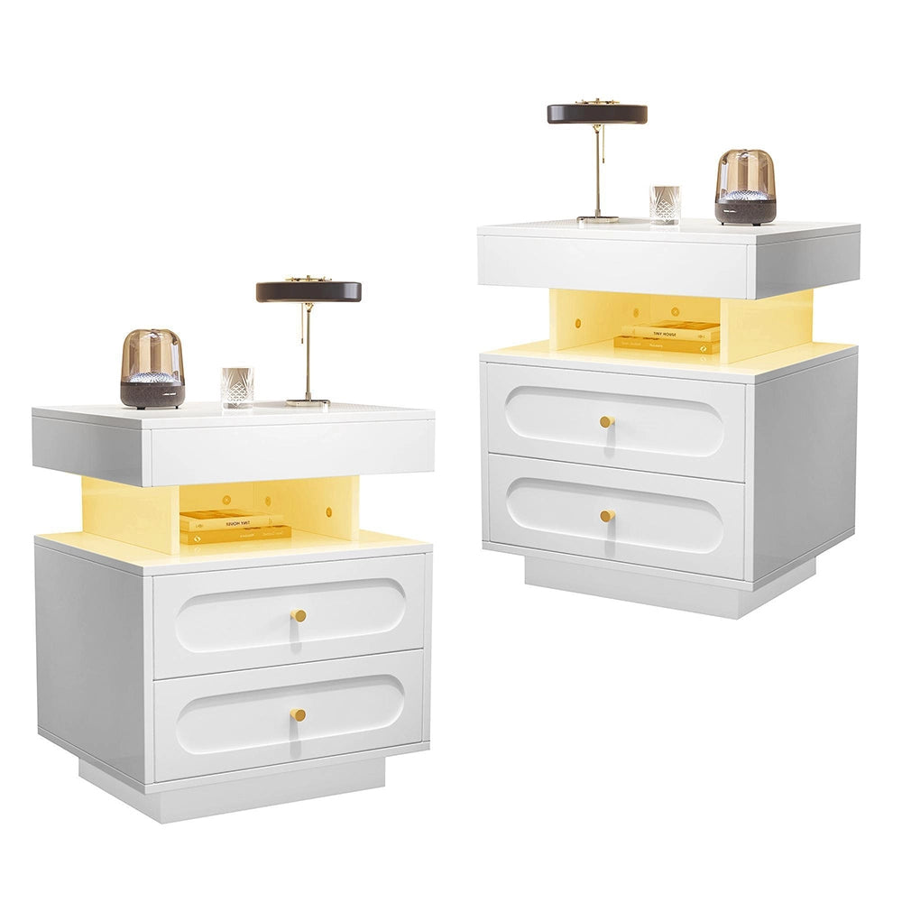 Comodino con Luci LED 100x40x60cm - Xylo - 2 Cassetti, 1 Ripiano Aperto, Bianco