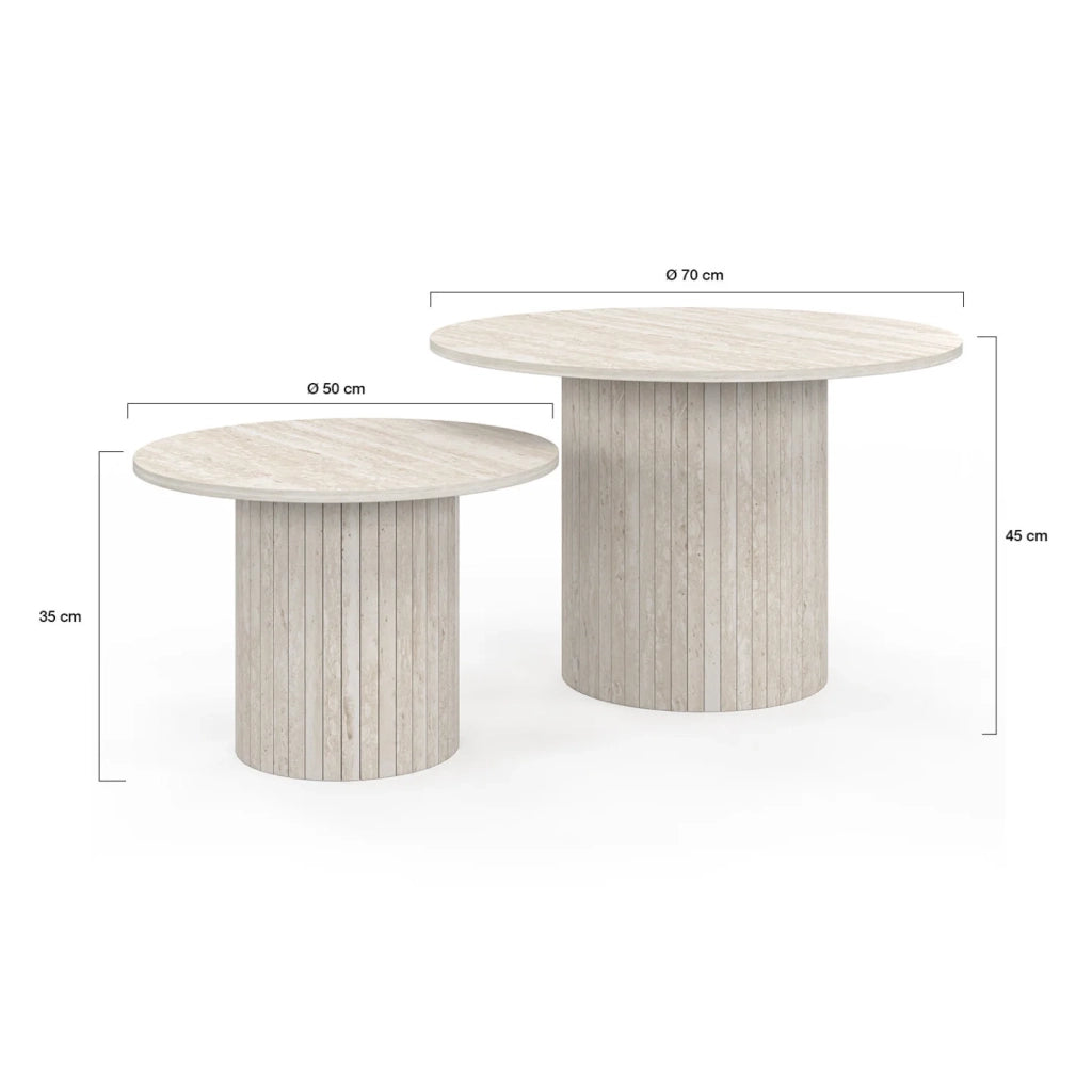 IDMarket - Set di 2 tavolini tondi JULIETTE 50/70 con effetto doghe in travertino