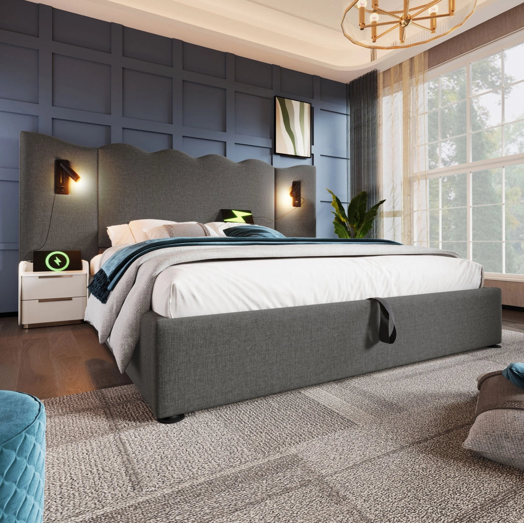 Letto 160x200 cm con lampada da lettura; contenitore e USB-C in lino grigio