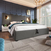 Letto 160x200 cm con lampada da lettura; contenitore e USB-C in lino grigio