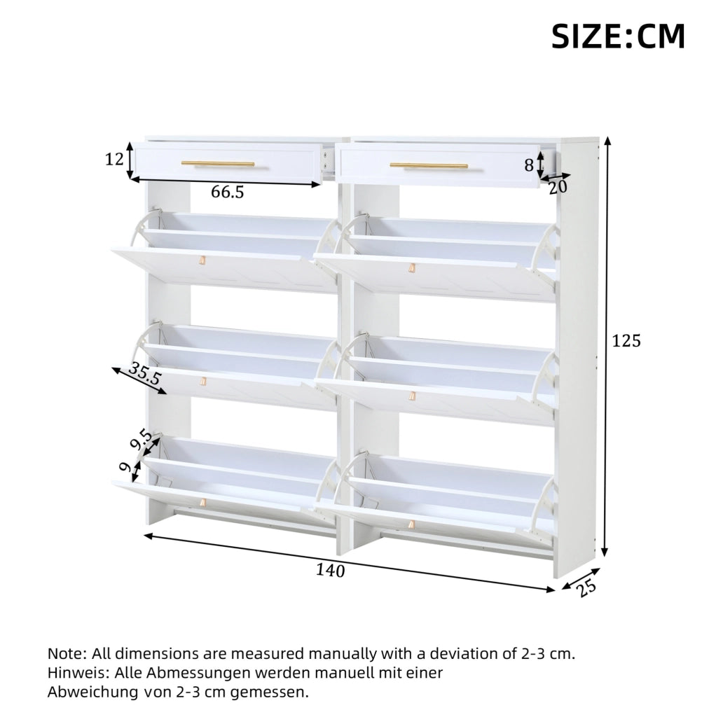 Scarpiera moderna bianca 140x25x123;5 cm in MDF con 12 ripiani aperti e 2 cassetti