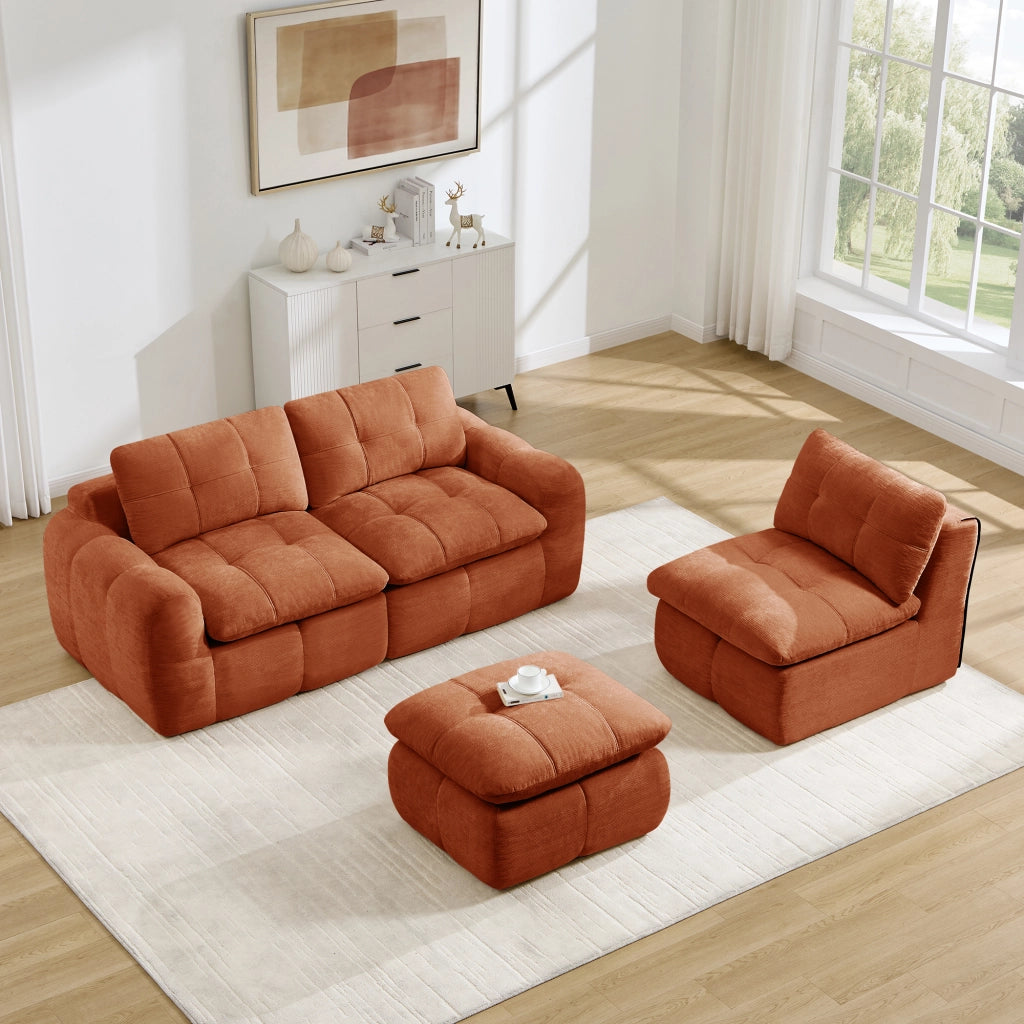 Divano modulare a L 3 posti - con pouf - in chenille - arancione