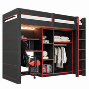 Letto a Soppalco 90x200 cm con Scrivania; Armadio; LED in MDF e Plywood