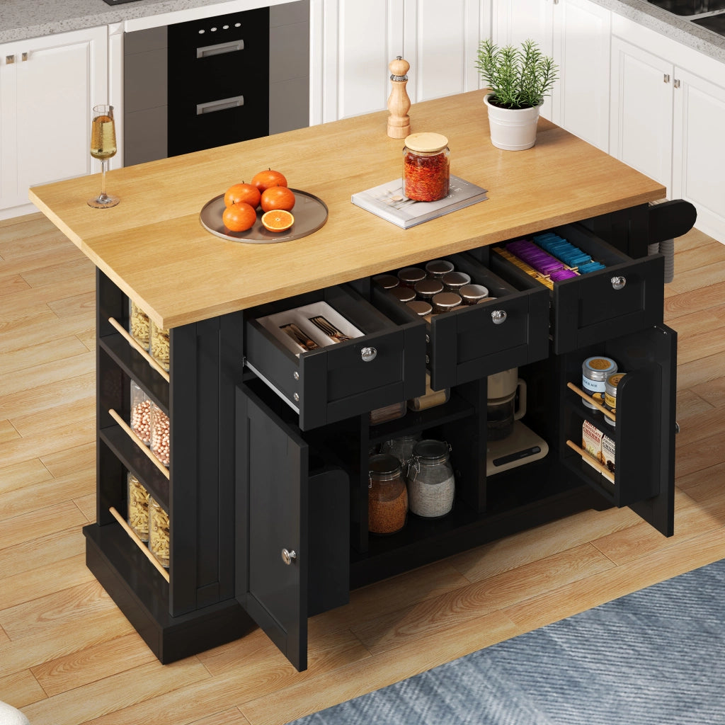 Carrello da Cucina con 3 Cassetti; 2 Ante; Ripiani Aperti; Presa e Portasciugamani; Cucina; in MDF; 132x40x87 cm; Naturale e Nero