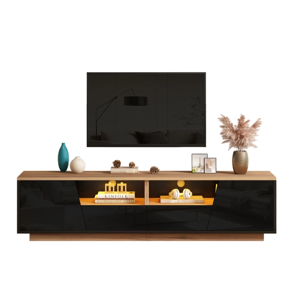 Mobile TV con 2 ante; 2 cassetti e LED - per soggiorno - 180x40x46 cm - in truciolare - nero e legno