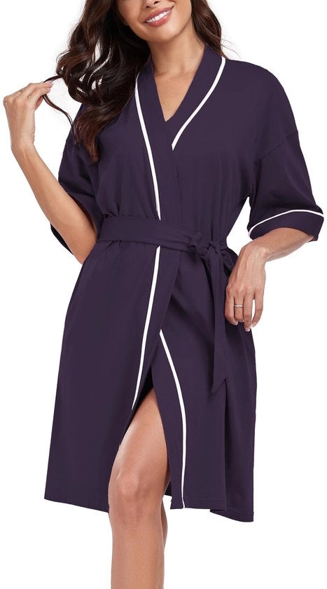 Badia da bagno donna corta leggera con maniche corte, kimono sottile con tasche (rosa, M)