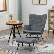 Poltrona a dondolo con pouf, schienale alto imbottito e braccioli, base in legno di faggio, in poliestere grigio 64 × 89 × 90 cm