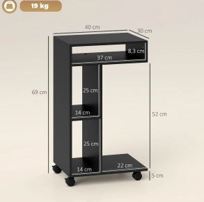 Carrello laterale nero a forma di C con 3 ripiani e 4 ruote, 40x30x69 cm
