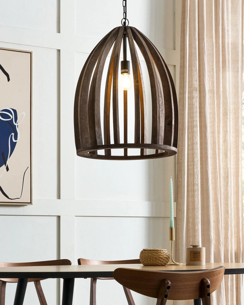 Lampada a sospensione in marrone scuro con paralume in legno naturale Plafoniera in stile boho Accessori per la casa fatti a mano